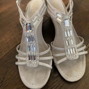 Metallic Wedge Sandals with Jeweled T-Straps